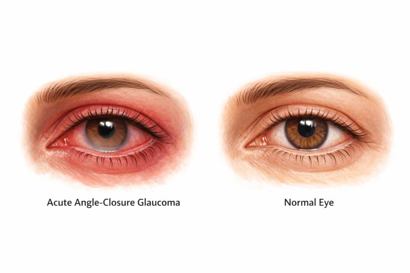 Medical illustration of acute angle-closure glaucoma showing a red painful eye with a hazy steamy cornea and mid-dilated fixed pupil compared to a normal clear eye