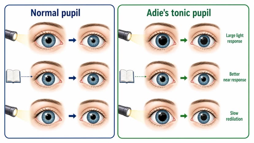 Adie's tonic pupil diagram comparing a normal brisk light response with a large pupil that has poor slow light response, better near response, and slow redilation
