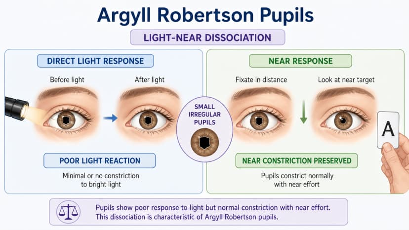 Argyll Robertson pupils diagram showing small irregular pupils with poor light reaction but preserved near constriction