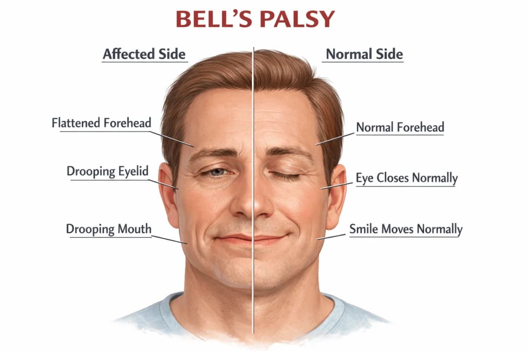 Medical infographic of Bell's palsy showing facial asymmetry with one side having a drooping mouth, flattened forehead, and inability to fully close the eye compared to the normal side