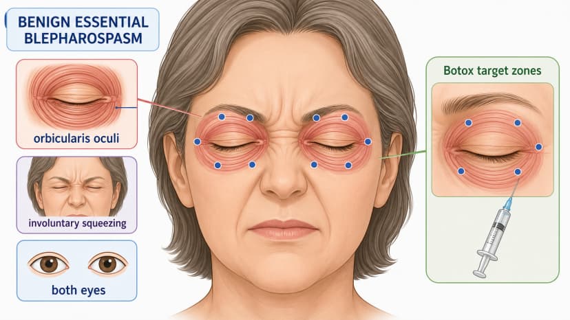 Benign essential blepharospasm diagram showing bilateral orbicularis oculi eyelid squeezing and common Botox injection target zones