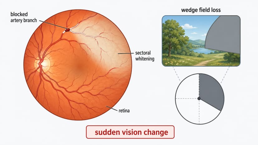 Branch retinal artery occlusion diagram showing blocked artery branch, sectoral retinal whitening, and wedge-shaped visual field loss
