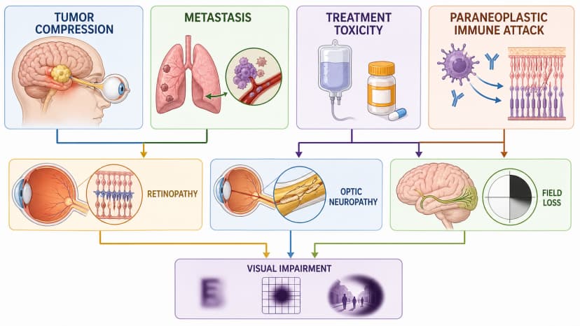 Cancer-associated visual syndromes flow diagram showing tumor compression, metastasis, treatment toxicity, and paraneoplastic immune attack causing retinopathy, optic neuropathy, and field loss