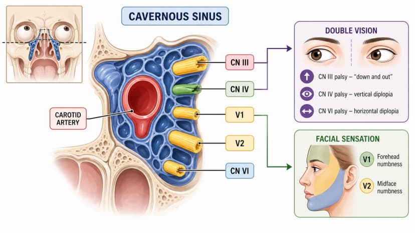 Cavernous sinus syndrome anatomy diagram labeling cranial nerves III, IV, V1, V2, VI, carotid artery, eye movement deficits, and facial sensation loss