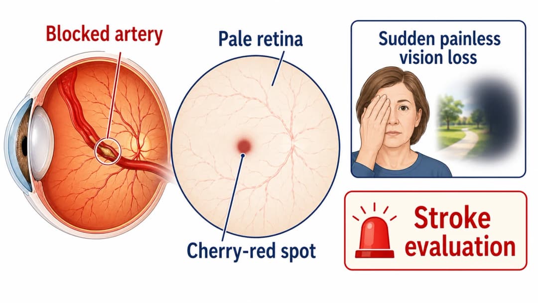 Central retinal artery occlusion infographic showing blocked retinal artery, cherry-red spot, and sudden vision loss