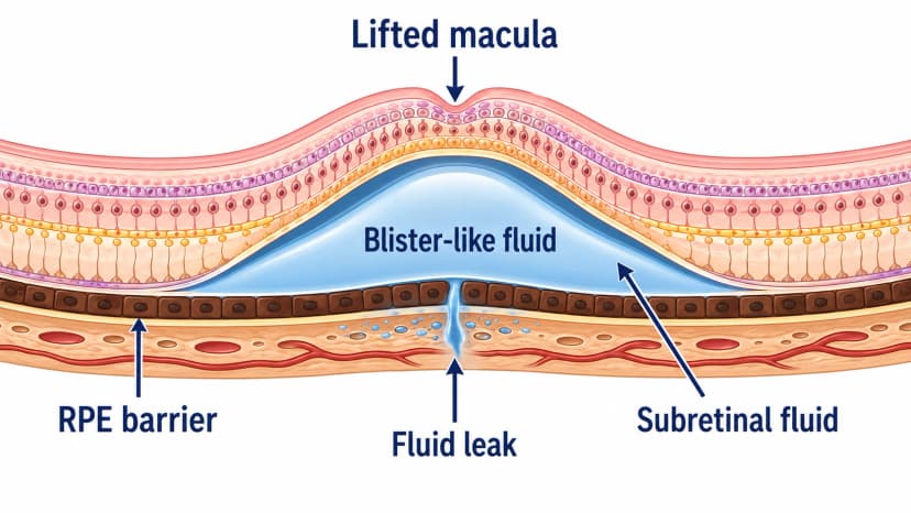 Central serous retinopathy OCT-style diagram showing RPE leak and subretinal fluid under the macula