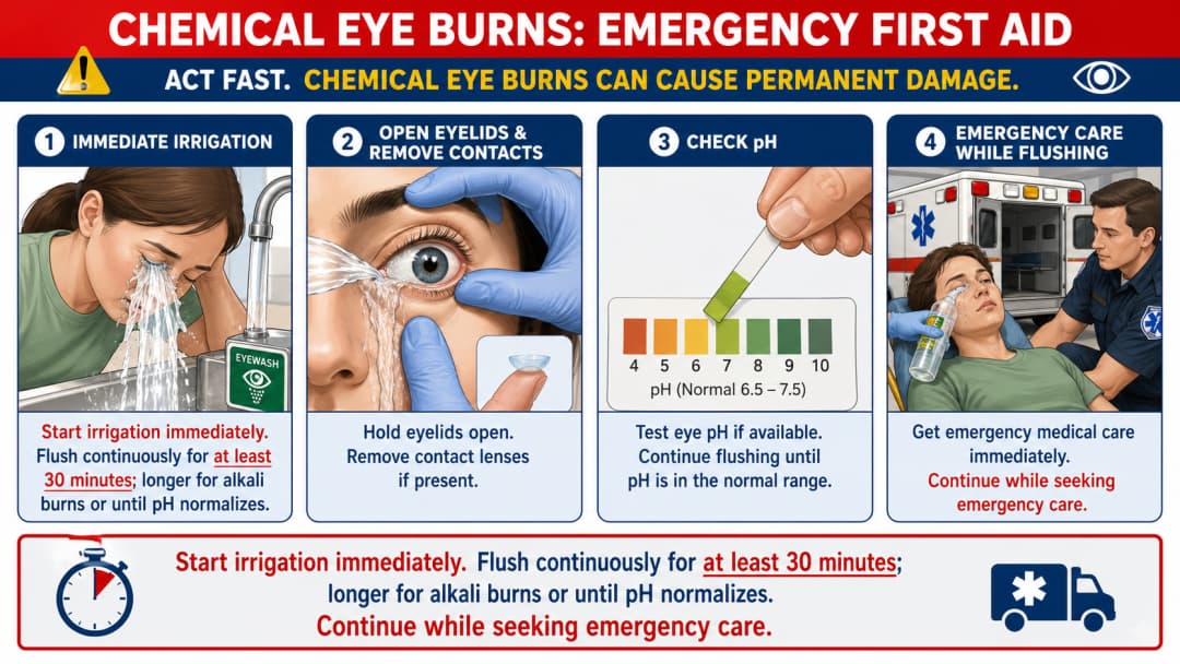 Chemical eye burn emergency first-aid infographic showing immediate irrigation, pH testing, eyelid eversion, and urgent evaluation