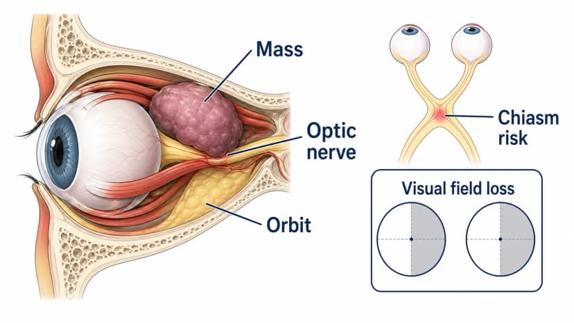 Compressive optic neuropathy diagram showing an orbital mass compressing the optic nerve and split visual field panels for optic nerve or orbit loss versus chiasmal bitemporal loss