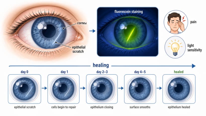 Corneal abrasion diagram showing epithelial scratch highlighted by fluorescein staining and corneal healing timeline