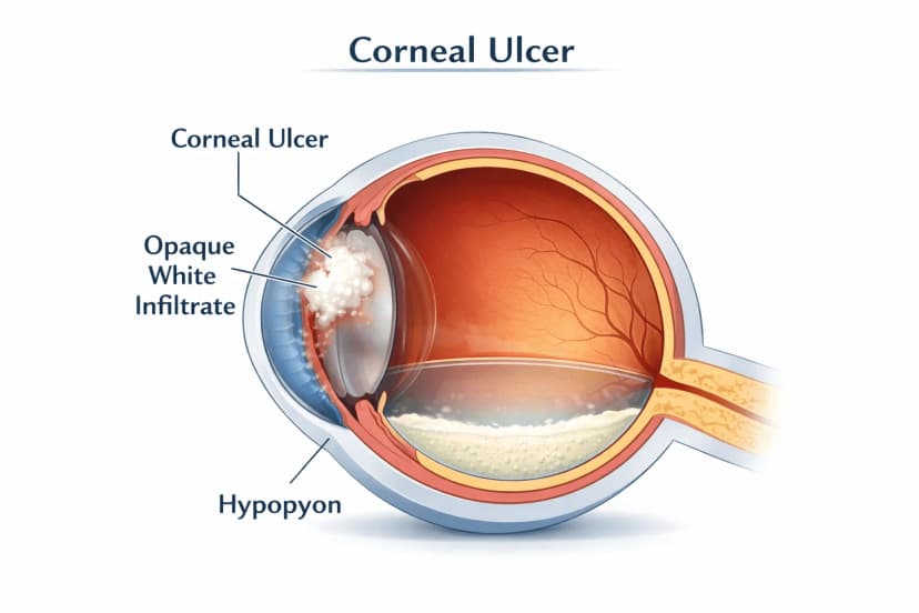 Medical illustration of a corneal ulcer showing a white opaque infiltrate on the cornea surface with surrounding redness and a hypopyon layer of white cells at the bottom of the anterior chamber