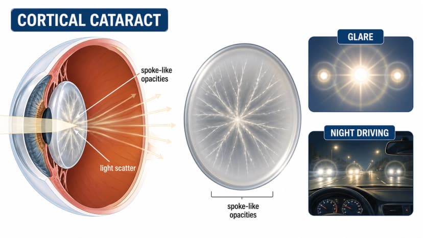 Cortical cataract lens diagram showing spoke-like cortical opacities scattering light and causing glare at night