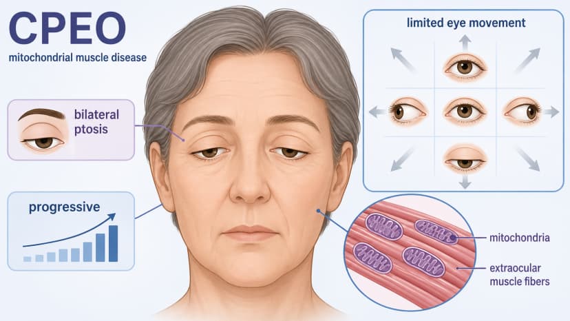 Chronic progressive external ophthalmoplegia diagram showing mitochondrial muscle disease, bilateral ptosis, and limited eye movement in all directions