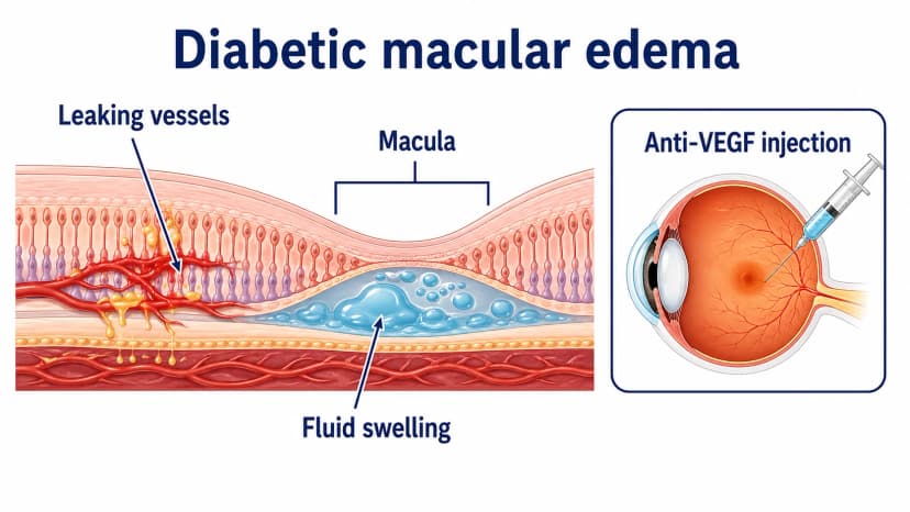 Diabetic macular edema diagram showing leaking retinal vessels, macular swelling, and an anti-VEGF injection entering through the pars plana into the vitreous cavity