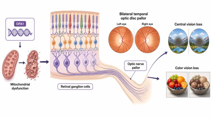 Dominant optic atrophy diagram showing OPA1 mitochondrial dysfunction, temporal optic disc pallor, central vision loss, and color vision loss