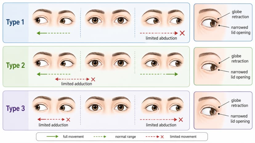 Duane syndrome eye movement diagram showing limited abduction or adduction, globe retraction, and narrowed eyelid opening on adduction