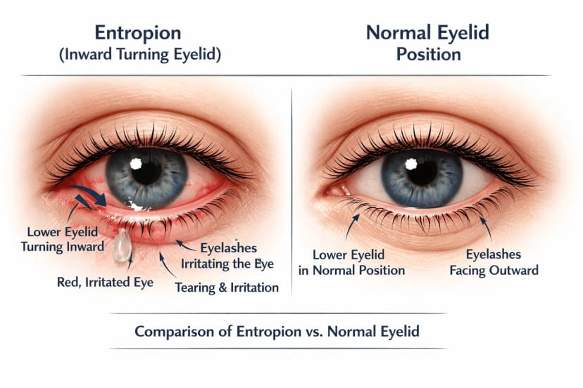 Medical illustration of entropion showing a lower eyelid turning inward with eyelashes pressing against the eye surface compared to a normal outward-facing eyelid position