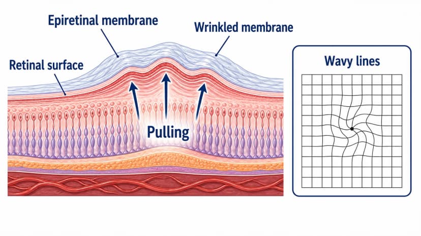 Epiretinal membrane diagram showing wrinkled macular membrane pulling the retina and causing wavy lines