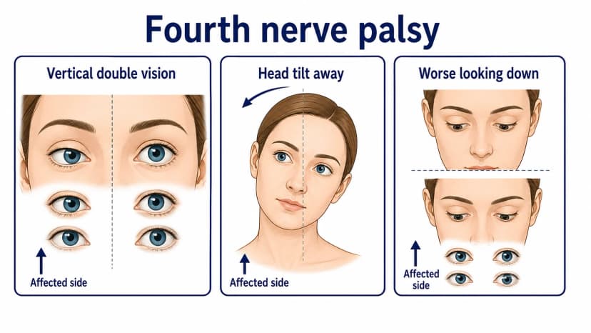 Fourth nerve palsy diagram showing vertical double vision, head tilt compensation, and symptoms worse in down-and-in gaze with reading or stairs