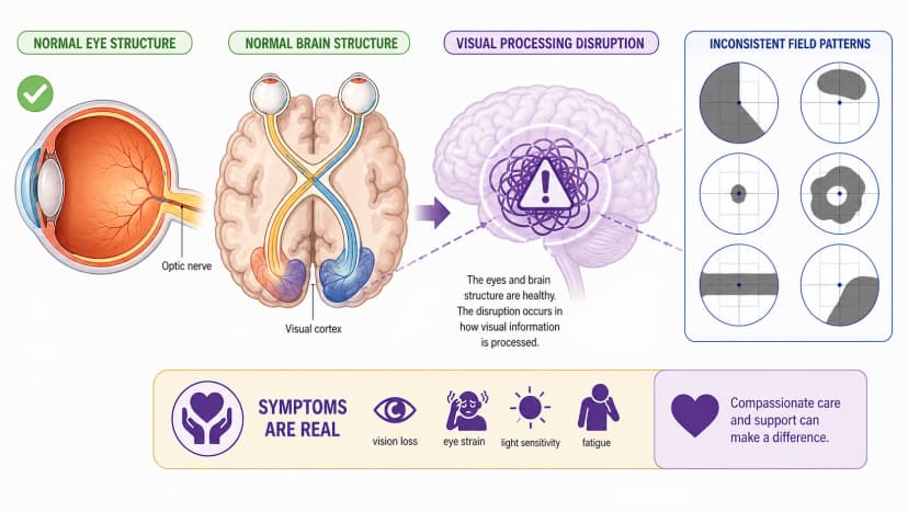 Functional vision loss diagram contrasting normal eye and brain anatomy with disrupted visual processing and inconsistent visual field patterns