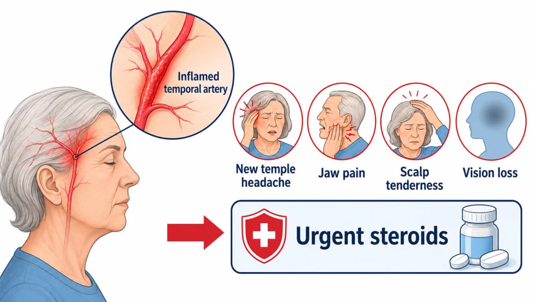 Giant cell arteritis infographic showing temporal artery inflammation, warning symptoms, same-day emergency evaluation, and clinician-started high-dose corticosteroids