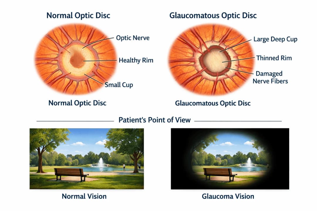 Infographic comparing a normal optic disc with small cup and healthy rim to a glaucomatous optic disc with enlarged deep cupping and thinned rim, with patient point-of-view showing normal vision versus peripheral vision loss from glaucoma