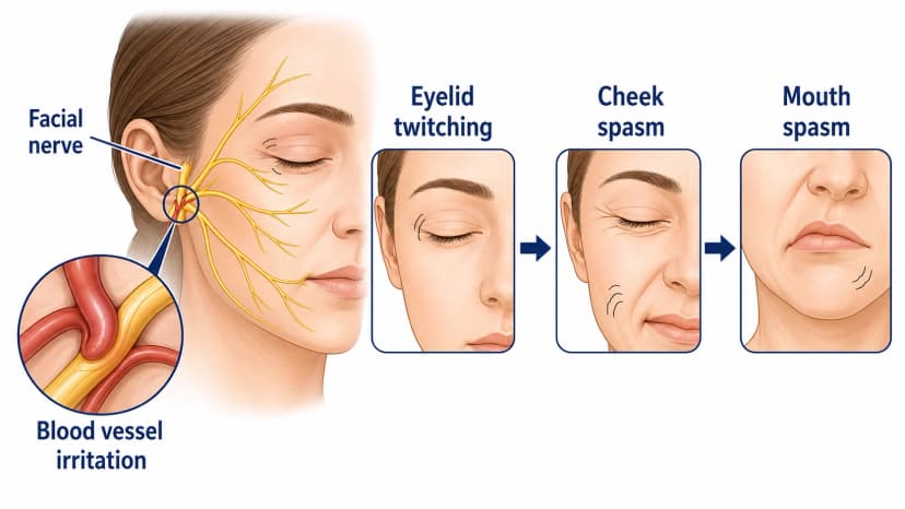 Hemifacial spasm diagram showing facial nerve irritation with eyelid, cheek, and mouth spasms