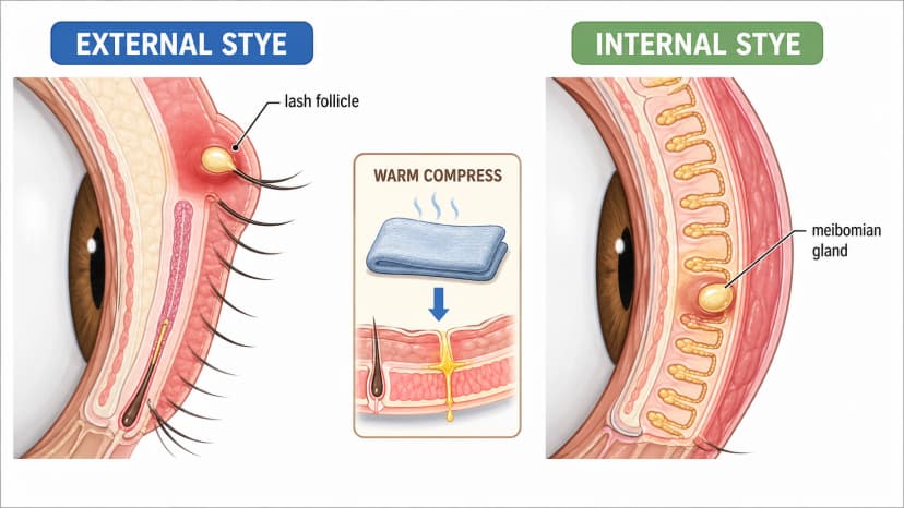 Hordeolum stye eyelid cross-section comparing external lash follicle stye, internal meibomian gland stye, and warm compress drainage