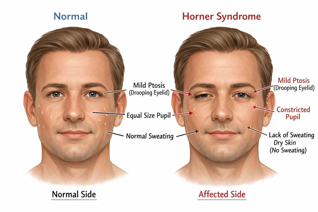 Medical infographic comparing a normal face to Horner syndrome showing one-sided mild ptosis, a constricted smaller pupil, and decreased sweating on the affected side