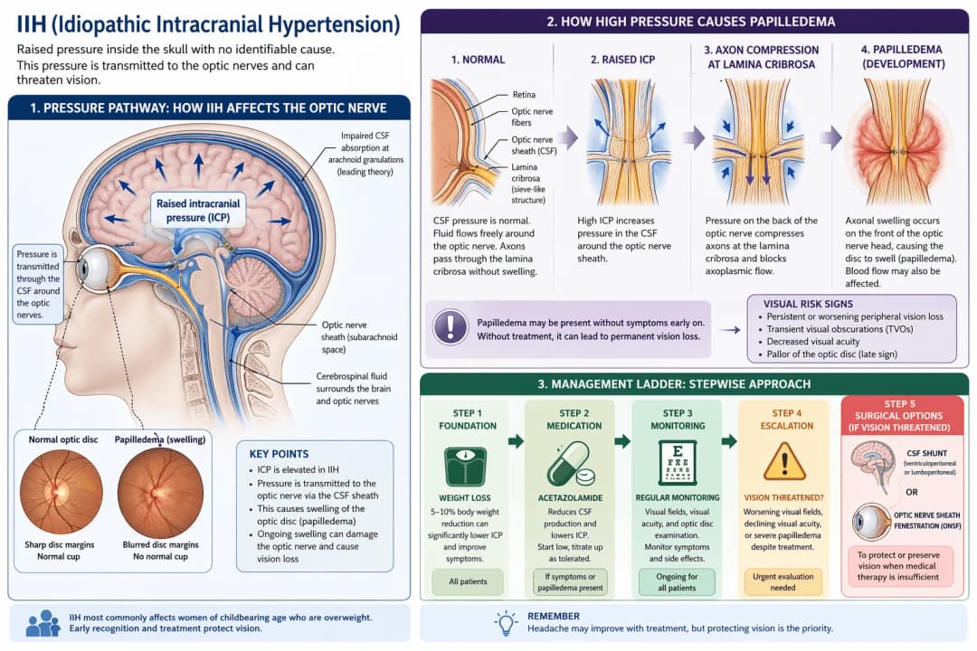 Infographic explaining idiopathic intracranial hypertension (IIH): elevated intracranial pressure transmitted through the cerebrospinal fluid around the optic nerve compresses axons at the lamina cribrosa and causes papilledema, with a stepwise management ladder from weight loss and acetazolamide to CSF shunt and optic nerve sheath fenestration