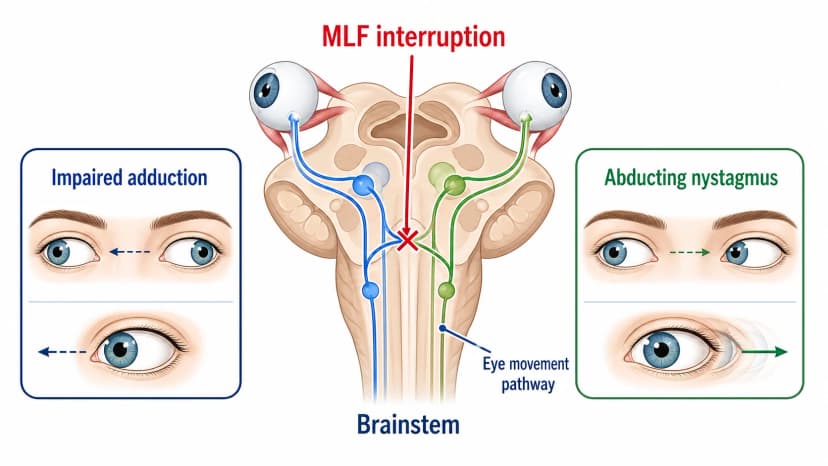 Internuclear ophthalmoplegia diagram showing a left INO from MLF interruption with left eye impaired adduction and right eye abducting nystagmus