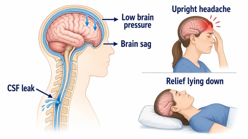 Intracranial hypotension diagram showing spinal CSF leak, low brain pressure, brain sag, and positional headache