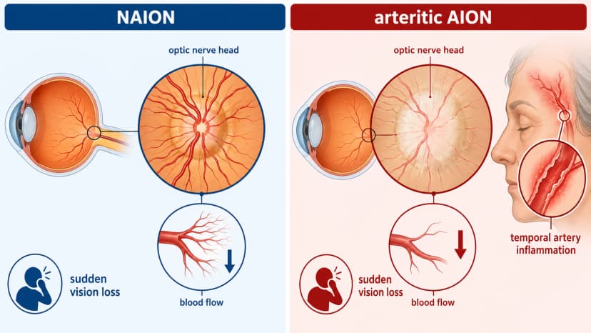 Ischemic optic neuropathy diagram comparing NAION blood flow loss with arteritic AION from temporal artery inflammation