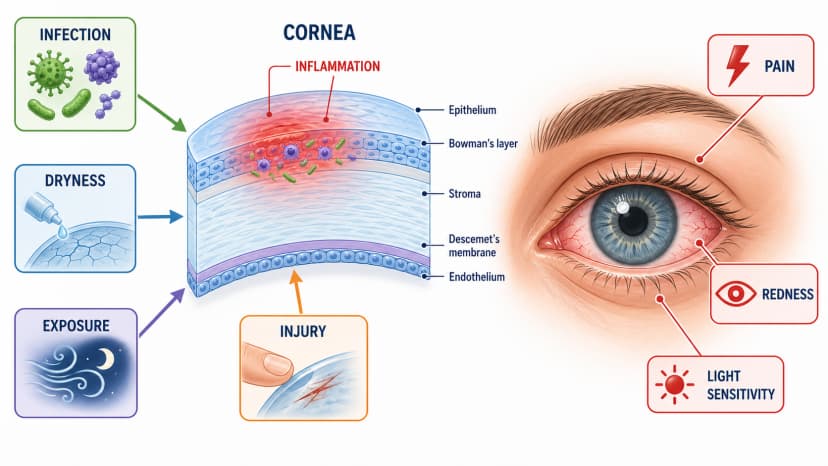 Keratitis corneal layer diagram showing inflammation from infection, dryness, exposure, or injury with pain, redness, and light sensitivity warning symptoms