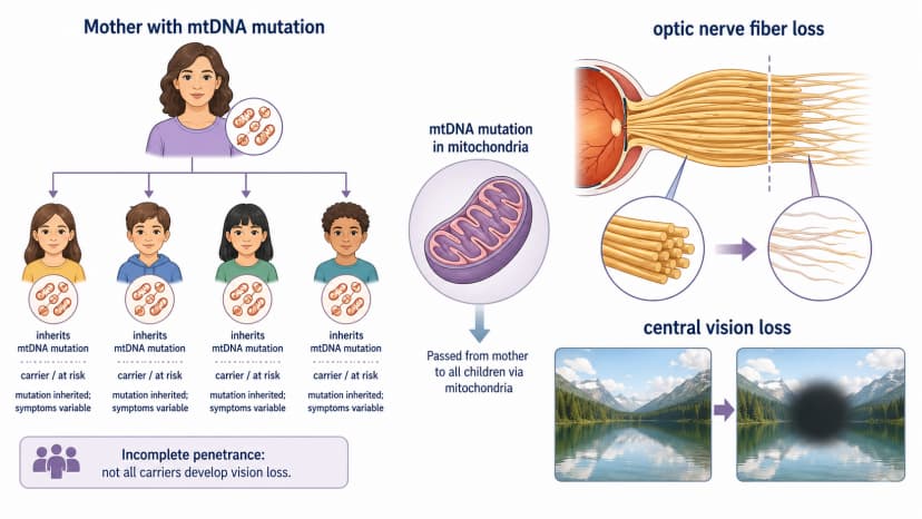 Leber hereditary optic neuropathy diagram showing mitochondrial inheritance, optic nerve fiber loss, and painless central vision loss