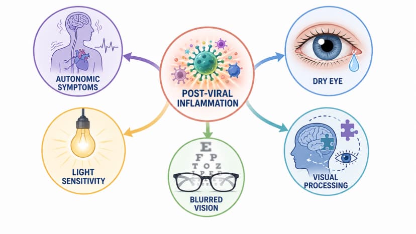 Long COVID vision issues systems diagram linking post-viral inflammation, autonomic symptoms, dry eye, light sensitivity, blurred vision, and visual processing complaints