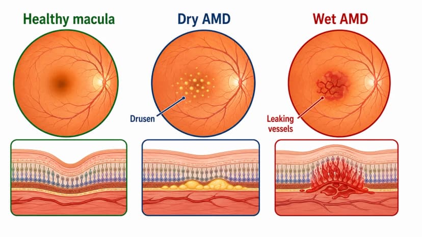 Macular degeneration diagram comparing healthy macula, dry AMD drusen, and wet AMD leaking vessels
