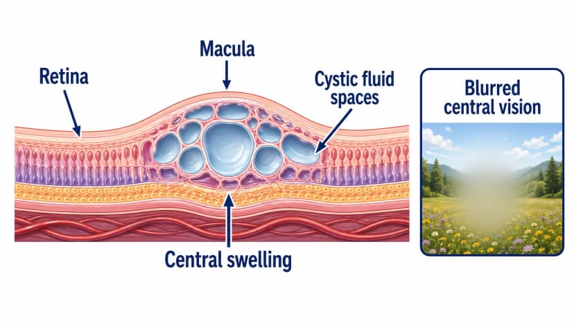 Macular edema OCT-style diagram showing cystic fluid spaces and central retinal swelling