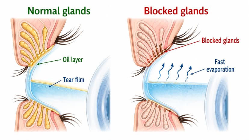 Meibomian gland dysfunction diagram showing blocked eyelid oil glands and tear evaporation