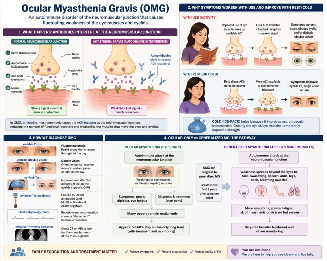 Infographic on microvascular cranial nerve palsy: anatomy and actions of cranial nerves III, IV, and VI controlling eye movement; the direction of gaze that worsens diplopia for each nerve with typical eye position clues; and a triage framework contrasting the typical microvascular pattern (age 50+, vascular risk factors, isolated pupil-sparing palsy) with red flags requiring urgent MRI and neuro-ophthalmology referral