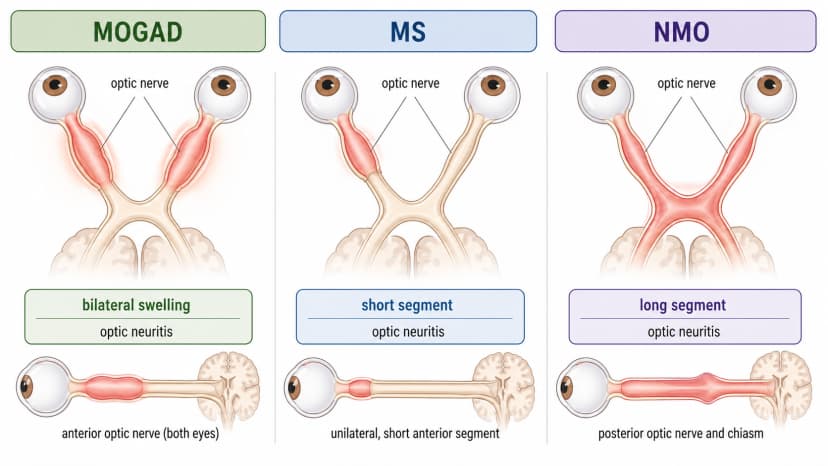 MOGAD optic neuritis comparison diagram showing bilateral swollen optic nerves and differences from MS and neuromyelitis optica patterns