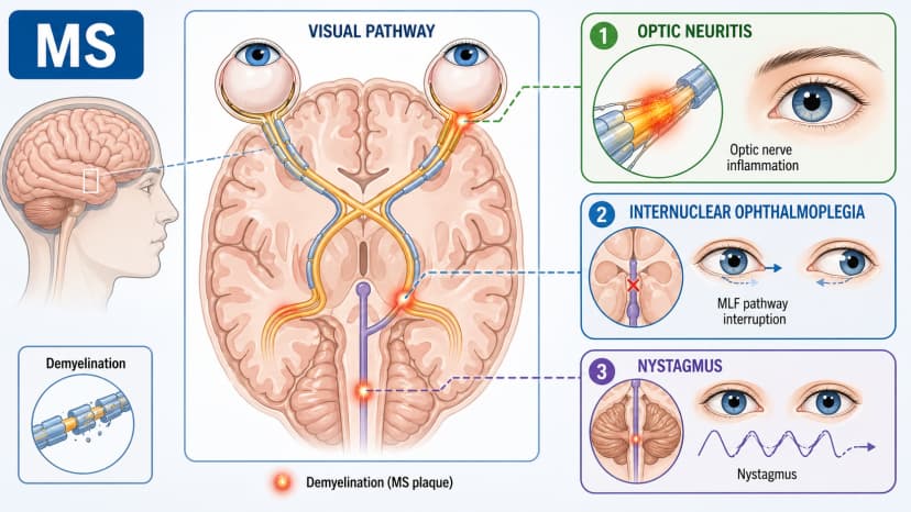 Multiple sclerosis vision complications diagram highlighting optic neuritis, internuclear ophthalmoplegia, nystagmus, and demyelination along visual pathways