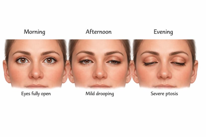 Progressive eyelid drooping in myasthenia gravis showing eyes fully open in the morning, mild ptosis in the afternoon, and severe bilateral ptosis by evening