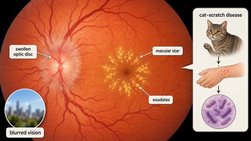 Neuroretinitis fundus diagram showing optic disc swelling, macular star exudates, and cat-scratch disease association