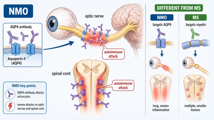 Neuromyelitis optica diagram showing AQP4 antibody attack on optic nerves and spinal cord distinct from multiple sclerosis