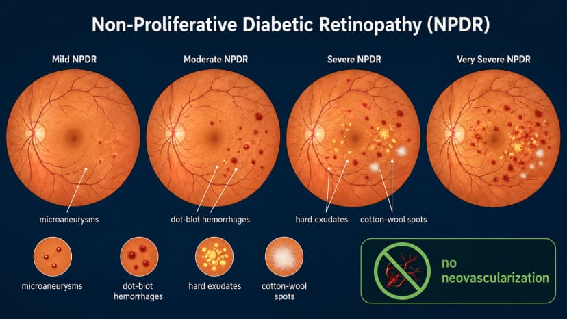 Non-proliferative diabetic retinopathy diagram showing microaneurysms, dot-blot hemorrhages, hard exudates, cotton-wool spots, and no neovascularization