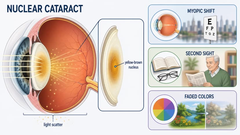 Nuclear cataract lens cross-section showing yellow-brown nuclear sclerosis, myopic shift, second sight, and faded color perception