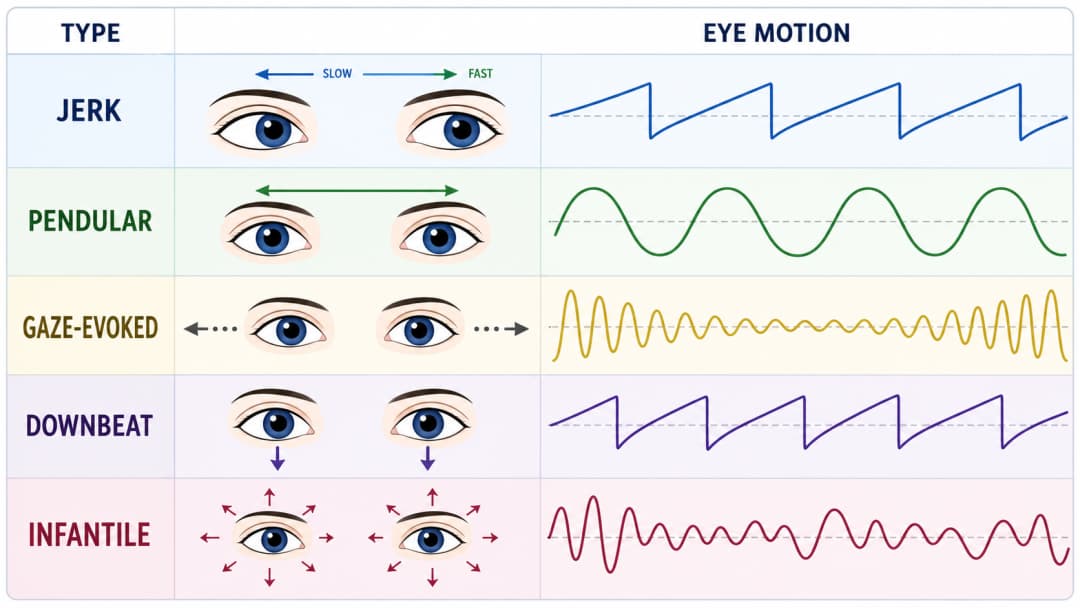Nystagmus infographic comparing jerk, pendular, gaze-evoked, downbeat, and infantile eye movement waveforms