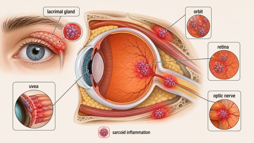 Ocular sarcoidosis eye anatomy diagram showing sarcoid inflammation affecting uvea, lacrimal gland, retina, optic nerve, and orbit