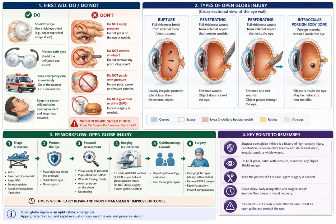 Infographic on open globe injury first aid and emergency care: do shield the eye with a rigid cover and protect both eyes while seeking emergency care, do not apply pressure, remove protruding objects, patch with pressure, or give food or drink; cross-sectional diagrams of rupture, penetrating, perforating, and intraocular foreign body (IOFB) injury patterns; and a six-step ER workflow from triage and eye shielding through focused assessment, CT orbits imaging, ophthalmology consult, and prompt surgical globe repair