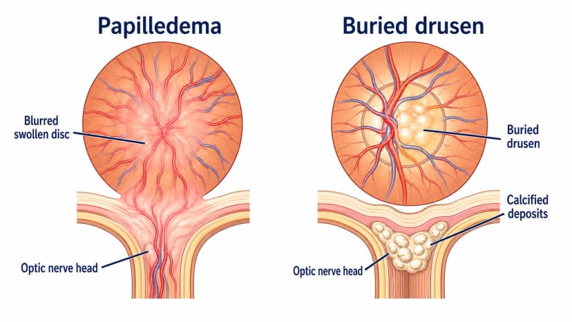Optic disc drusen diagram comparing buried drusen with true papilledema and swollen optic disc